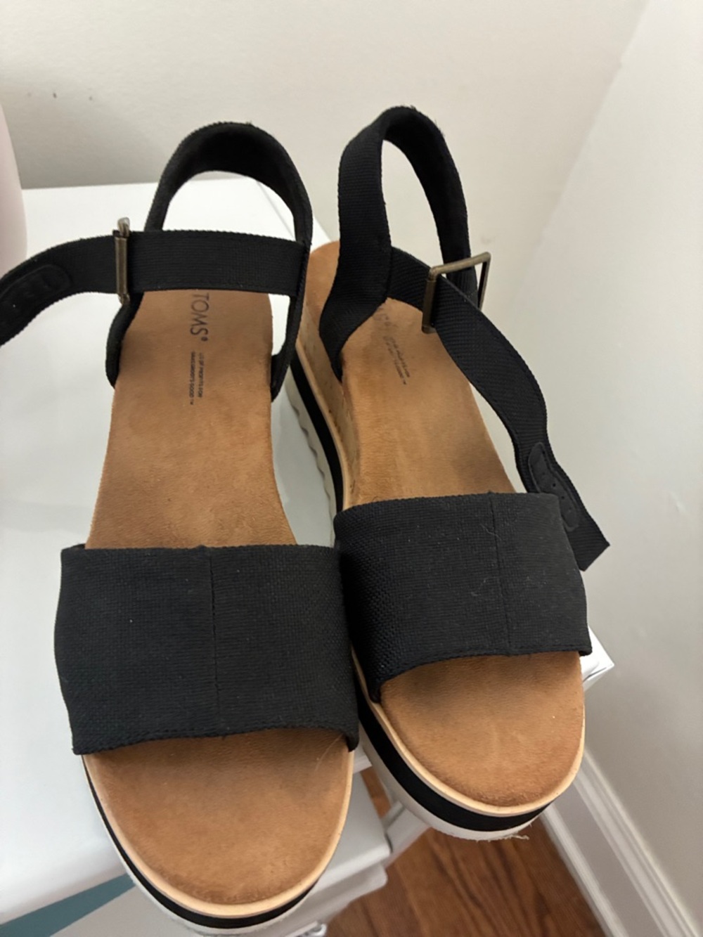 TOMS Black Platform Slingback Sandals with Tan Footbed